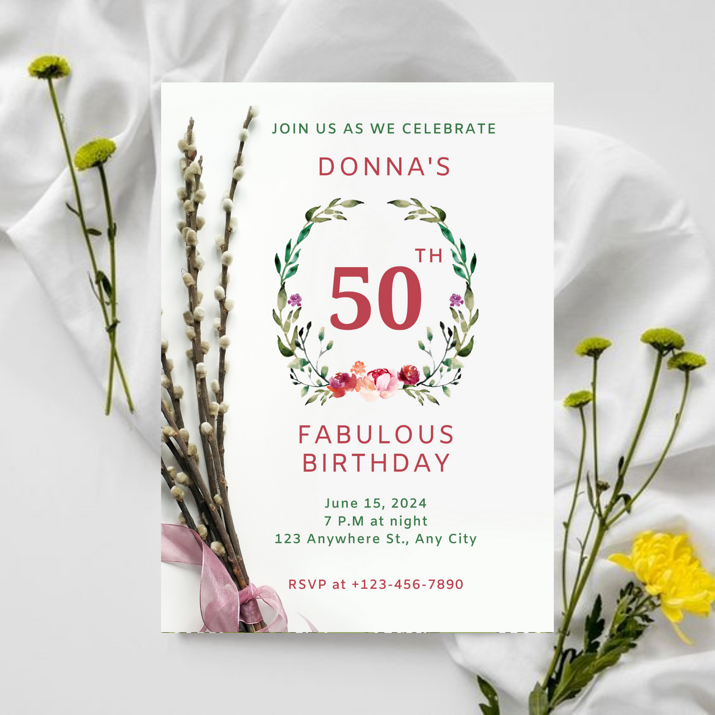 Editable 50th Birthday Invitation, red and white birthday invitation, Instant Download, Digital Invitation
