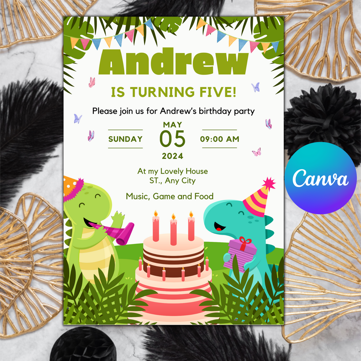 Editable Dinosaur Birthday Party Invitation Template, Dinosaur Birthday Invitation, kids Editable Birthday Invitation Template